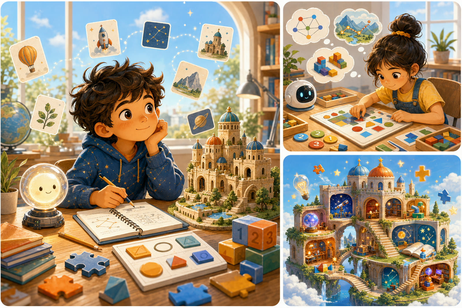 Bright learning studio with children writing, solving puzzles, and exploring memory rooms
