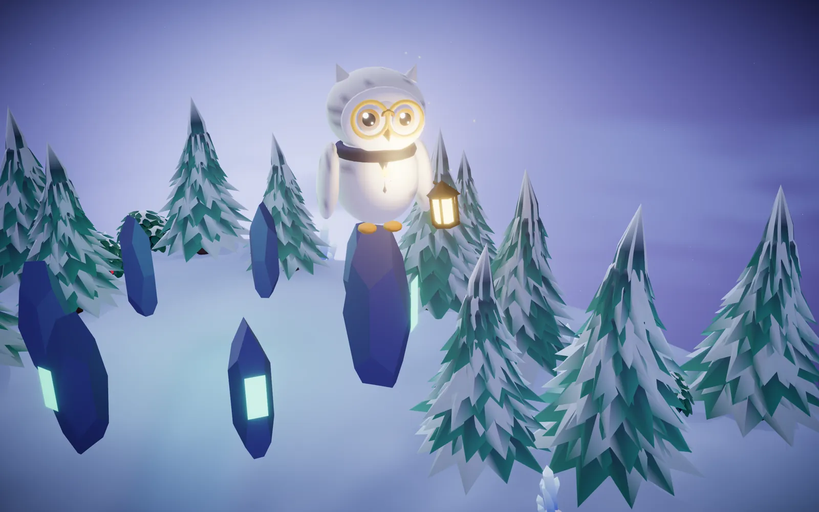 Wren the owl perched on a standing stone in snowy Aurora Reach