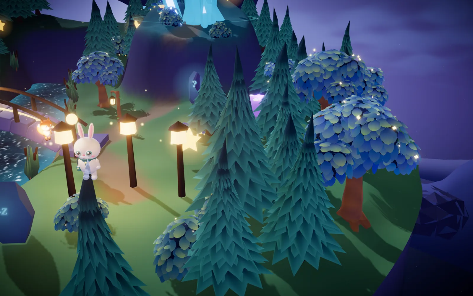 The Lantern Grove at night, lanterns glowing along the path by the river