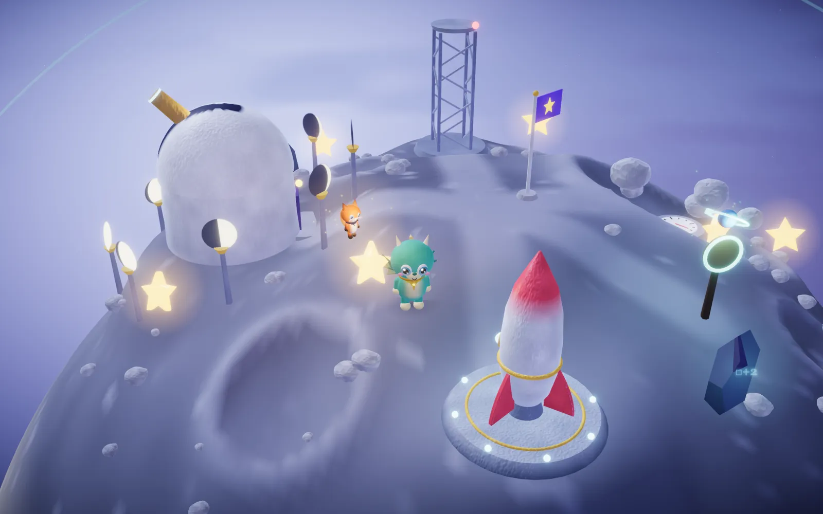 The Star Rocket on its launch pad on the Moon, beside the Phase Observatory and its glowing moon lamps